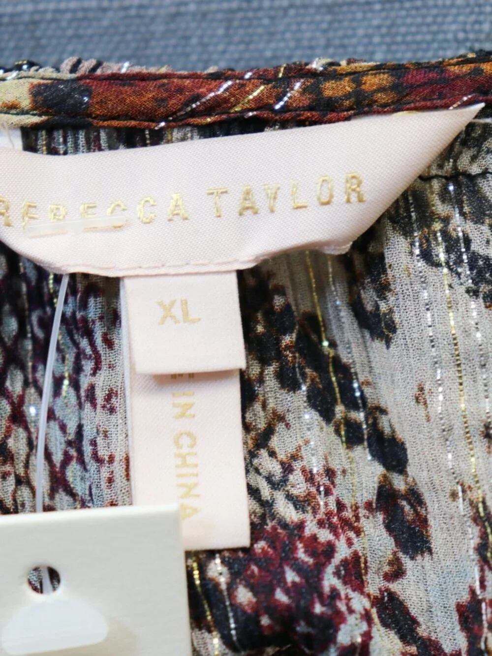 NWT Rebecca Taylor XL SILK Blouse Watercolor Snake Print Gold Metallic Ruffle